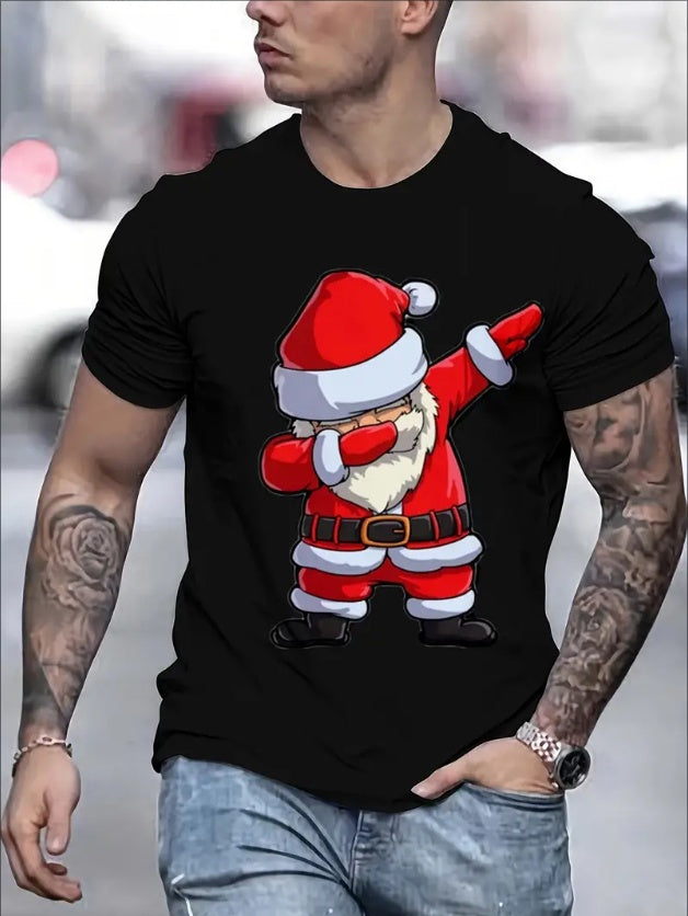 Santa Claus Print  Round Neck Men's T-shirt Short Sleeved Christmas Gift